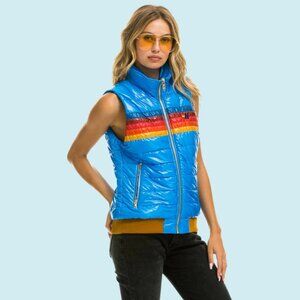 Aviator Nation 5-Stripe Vest Women's Large Glossy Blue Full Zip Sunburst $398